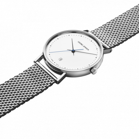 GEORG JENSEN KOPPEL - KVARTS - 38 MM - HVID URSKIVE -  LÆNKE I RUSTFRIT STÅL