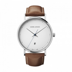 GEORG JENSEN KOPPEL - 41 MM - KVARTS - HVID URSKIVE - BRUN LÆDERREM - RUSTFRIT STÅL