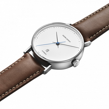 GEORG JENSEN KOPPEL - 41 MM - KVARTS - HVID URSKIVE - BRUN LÆDERREM - RUSTFRIT STÅL