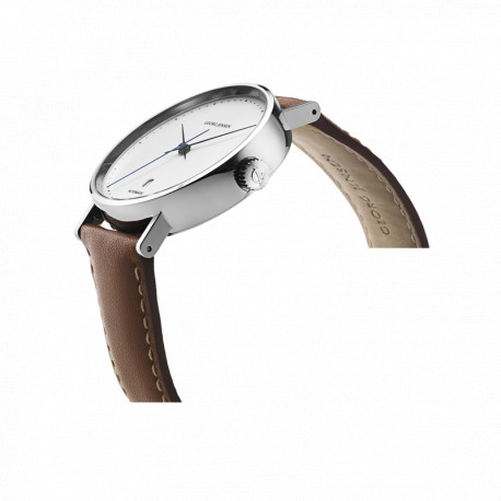 GEORG JENSEN KOPPEL - 41 MM - KVARTS - HVID URSKIVE - BRUN LÆDERREM - RUSTFRIT STÅL