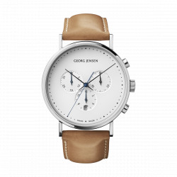 GEORG JENSEN KOPPEL - CHRONOGRAPH - 41 MM - HVID URSKIVE - BRUN KALVESKIND - RUSTFRIT STÅL