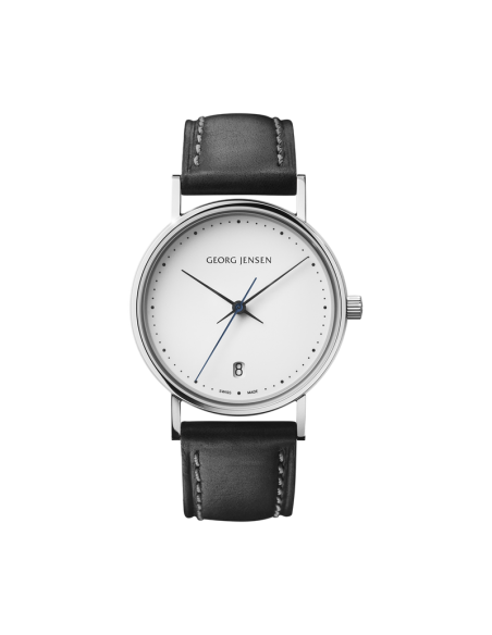 GEORG JENSEN KOPPEL - 32 MM - KVARTS - HVID URSKIVE - SORT LÆDERREM GEORG JENSEN KOPPEL - 32 MM - KVARTS - HVID URSKIVE - SORT LÆDERREM