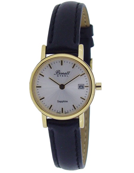 BONETT | Dameur med læderrem, safirglas & datofremvisning