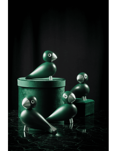 KAY BOJESEN - SANGFUGL GEORG - TRÆFIGUR I  MØRKEGRØN MALET BØG OG BLADSØLV