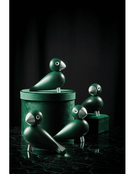 KAY BOJESEN - SANGFUGL GEORG - TRÆFIGUR I  MØRKEGRØN MALET BØG OG BLADSØLV