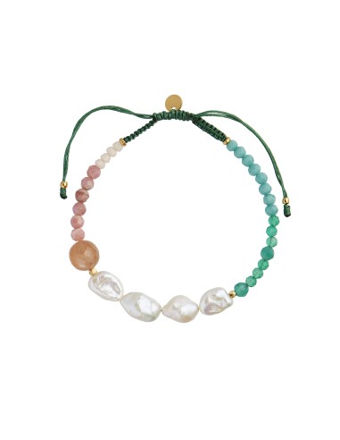 STINE A | POWDER FALL BRACELET WITH STONES AND PEARLS AND PINE GREEN RIBBON