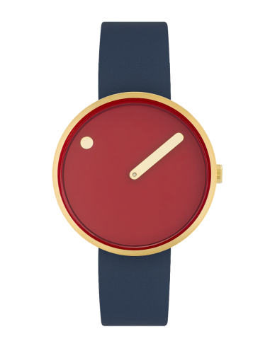 Picto 34 mm, cinnamon red dial, brushed gold bezel, midnight blue leather strap