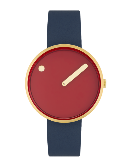 PICTO | 34 mm, cinnamon red dial, brushed gold bezel, midnight blue leather strap