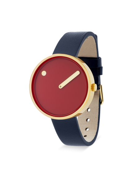 PICTO | 34 mm, cinnamon red dial, brushed gold bezel, midnight blue leather strap