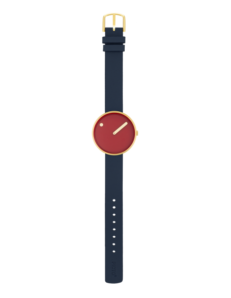 PICTO | 34 mm, cinnamon red dial, brushed gold bezel, midnight blue leather strap