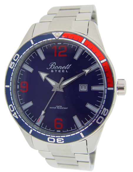 BONETT | Herreur i stål | lænke | dato | blå skive |10 ATM