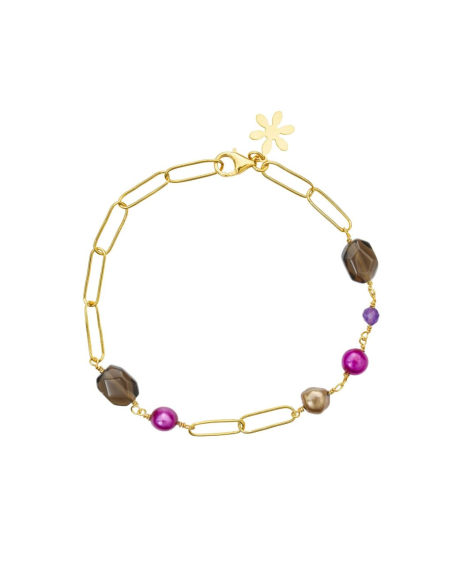 SUSANNE FRIIS BJØRNER | Armbånd 20 cm, forgyldt sølv, ametyst, farvede ferskvandsperler, røgkvarts