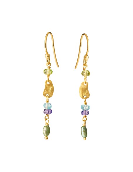 SUSANNE FRIIS BJØRNER | Ørebøjle forgyldt med apatit, iolit, peridot, farvet ferskvandsperle ca. 4 cm