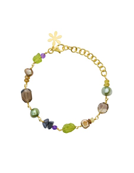 SUSANNE FRIIS BJØRNER | Forgyldt armbånd med ametyst, grossular, røgkvarts, peridot, sort agat, farvede ferskvandsperler