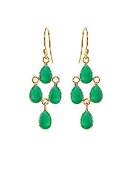 SUSANNE FRIIS BJØRNER | Øreringe  forgyldt sølv, chandelier af 4 små facet dråber grøn agat