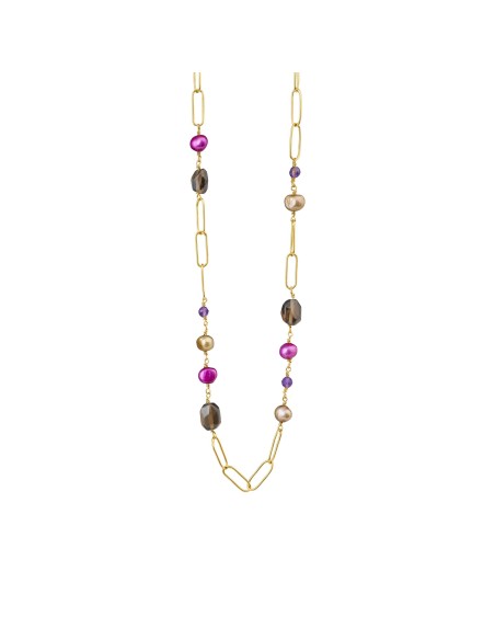 SUSANNE FRIIS BJØRNER | Halskæde forgyldt med ametyst, farvede ferskvandsperler, røgkvarts