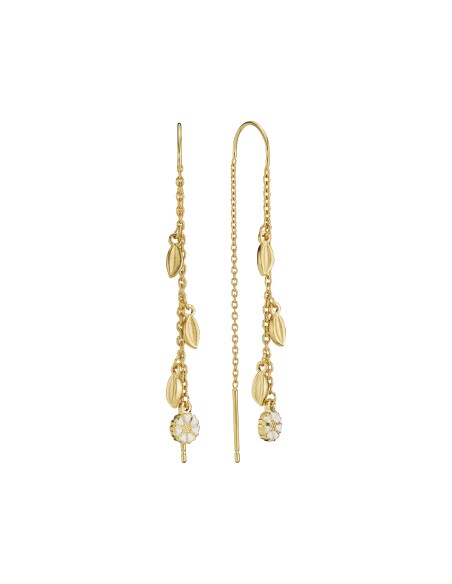 LUND COPENHAGEN | Marguerit ørehænger 5mm med blade 24kt forgyldt hvid emalje 925