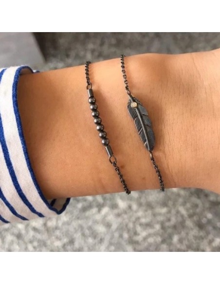 HEIRING | ARMBÅND MED LILLE FJER OG BRILLANT OXIDERET