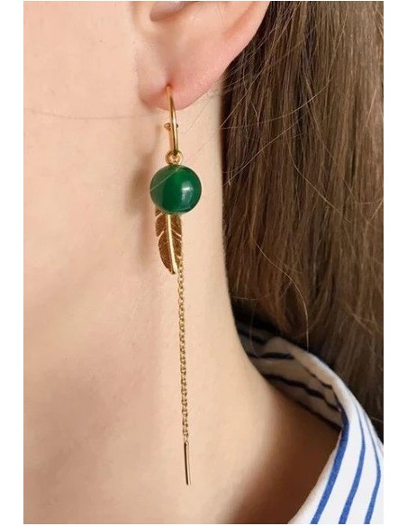 HEIRING | CREOL MED GRØN AGAT, FJER OG KÆDE FORGYLDT HEIRING | CREOL MED GRØN AGAT, FJER OG KÆDE FORGYLDT