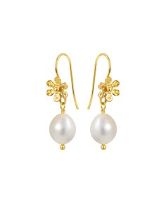 SUSANNE FRIIS BJØRNER | Ørebøjle forgyldt med blomst og hvid ferskvandsperle