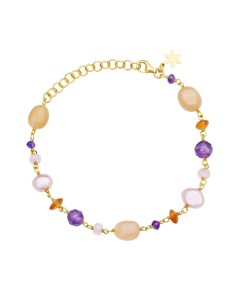 SUSANNE FRIIS BJØRNER | Forgyldt armmbånd med ametyst, farvede ferskvandsperler, karneol, ferskenfarvet månesten, rosenkvarts.