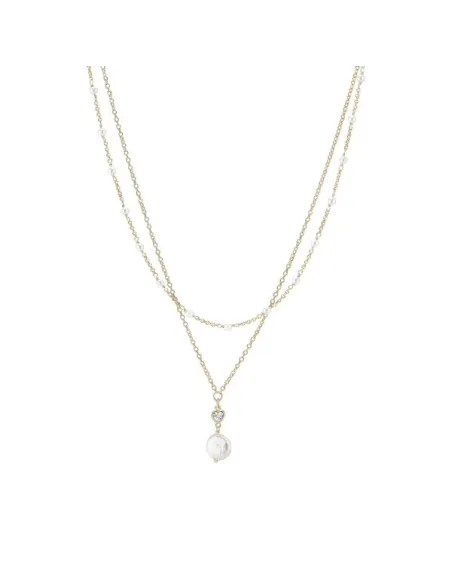 LUND COPENHAGEN | Collier med dobbelt kæde med zirkonia og ferskvandsperle forgyldt 925