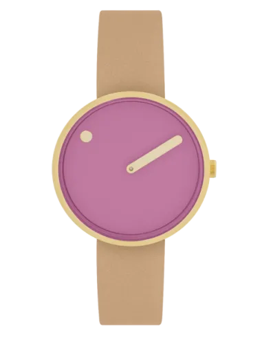 PICTO | Picto 34mm, pink dial, circular brushed gold bezel, peruvian brown leather strap