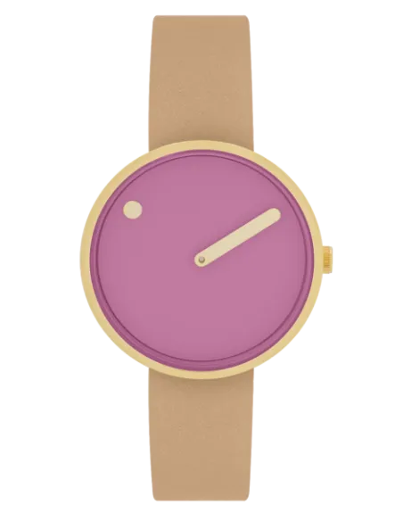 PICTO | Picto 34mm, pink dial, circular brushed gold bezel, peruvian brown leather strap