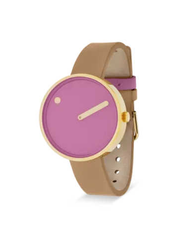 PICTO | Picto 34mm, pink dial, circular brushed gold bezel, peruvian brown leather strap