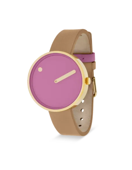 PICTO | Picto 34mm, pink dial, circular brushed gold bezel, peruvian brown leather strap