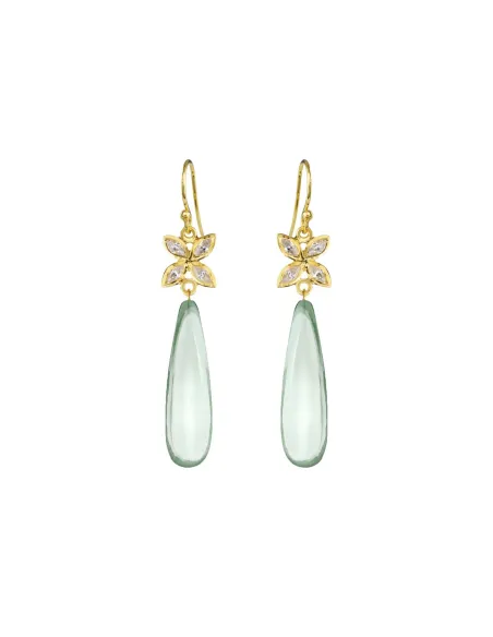 SUSANNE FRIIS BJØRNER | Elegante krogøreringe i forgyldt sølv med firbladede zirkonia-blomster og grønne kvartsdråber