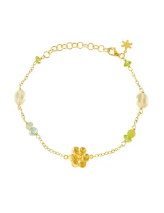 SUSANNE FRIIS BJØRNER | Armbånd i forgyldt sølv med citronkvarts, limegrøn serpentin, peridot, prehnit og farvet ferskvandsperle