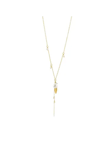 Susanne Friis Bjørner | Halskæde anker forgyldt sølv, Y-kæde med hvide ferskvandsperler,  bukket blad