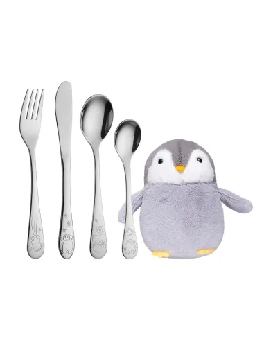 NOA KIDS | Rustfrit stål bestik m. pingvin inkl. bamse