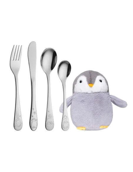 NOA KIDS | Rustfrit stål bestik m. pingvin inkl. bamse