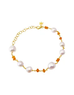 SUSANNE FRIIS BJØRNER | Armbånd forgyldt sølv, barokke hvide ferskvandsperler og karneol
