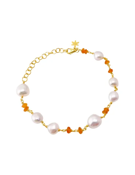 SUSANNE FRIIS BJØRNER | Armbånd forgyldt sølv, barokke hvide ferskvandsperler og karneol