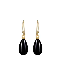 SUSANNE FRIIS BJØRNER | Ørering (bøjle), forgyldt sølv, 9x14 mm glat dråbe sort agat ca. 3 cm