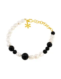 SUSANNE FRIIS BJØRNER | Armbånd 16-20 cm, forgyldt sølv, miks af blanke kugler i sort agat og hvide ferskvandsperler