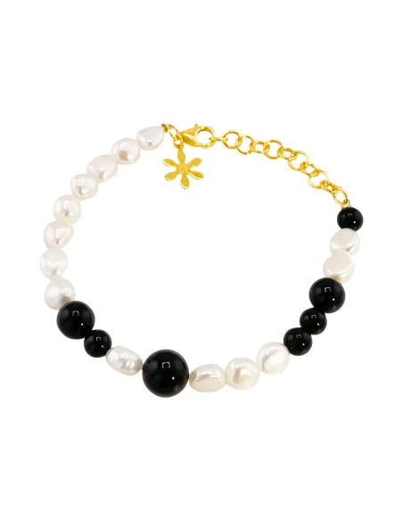 SUSANNE FRIIS BJØRNER | Armbånd 16-20 cm, forgyldt sølv, miks af blanke kugler i sort agat og hvide ferskvandsperler