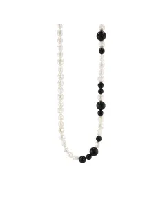 SUSANNE FRIIS BJØRNER | Halskæde 40-45 cm, forgyldt sølv, miks af blanke kugler i sort agat og hvide ferskvandsperler