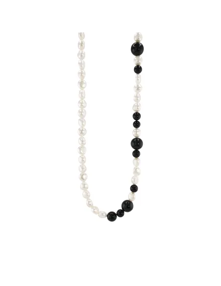 SUSANNE FRIIS BJØRNER | Halskæde 40-45 cm, forgyldt sølv, miks af blanke kugler i sort agat og hvide ferskvandsperler