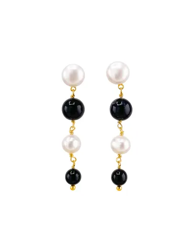 SUSANNE FRIIS BJØRNER | Ørering (stik), forgyldt sølv, hvide ferskvandsperler og sort agat i forløb 5-8 mm