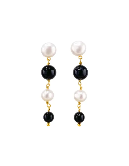 SUSANNE FRIIS BJØRNER | Ørering (stik), forgyldt sølv, hvide ferskvandsperler og sort agat i forløb 5-8 mm