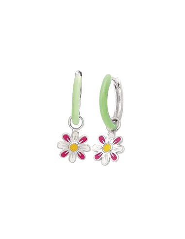 STØVRING DESIGN | Sølv knækcreol rhodineret i grøn med blomst i gul/pink blyfri emalje som hænger.