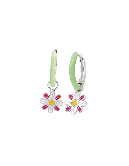 STØVRING DESIGN | Sølv knækcreol rhodineret i grøn med blomst i gul/pink blyfri emalje som hænger.