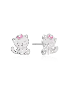 STØVRING DESIGN | Sølv ørestikker kat i hvid med ryserød sløjfe blyfri emalje.