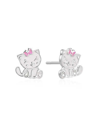 STØVRING DESIGN | Sølv ørestikker kat i hvid med ryserød sløjfe blyfri emalje.