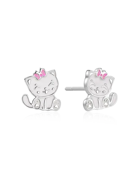 STØVRING DESIGN | Sølv ørestikker kat i hvid med ryserød sløjfe blyfri emalje.