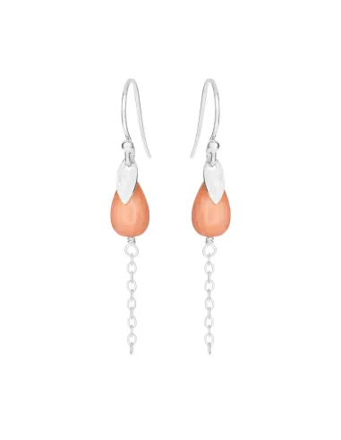 SUSANNE FRIIS BJØRNER | Ørering (bøjle), sølv, lille blad og laksefarvet søbambus dråbe